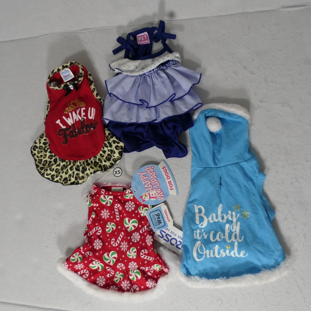 Pet Dog Dress Bundle XS 4pc Red Blue Christmas Leopard Blue Ruffle 4pc